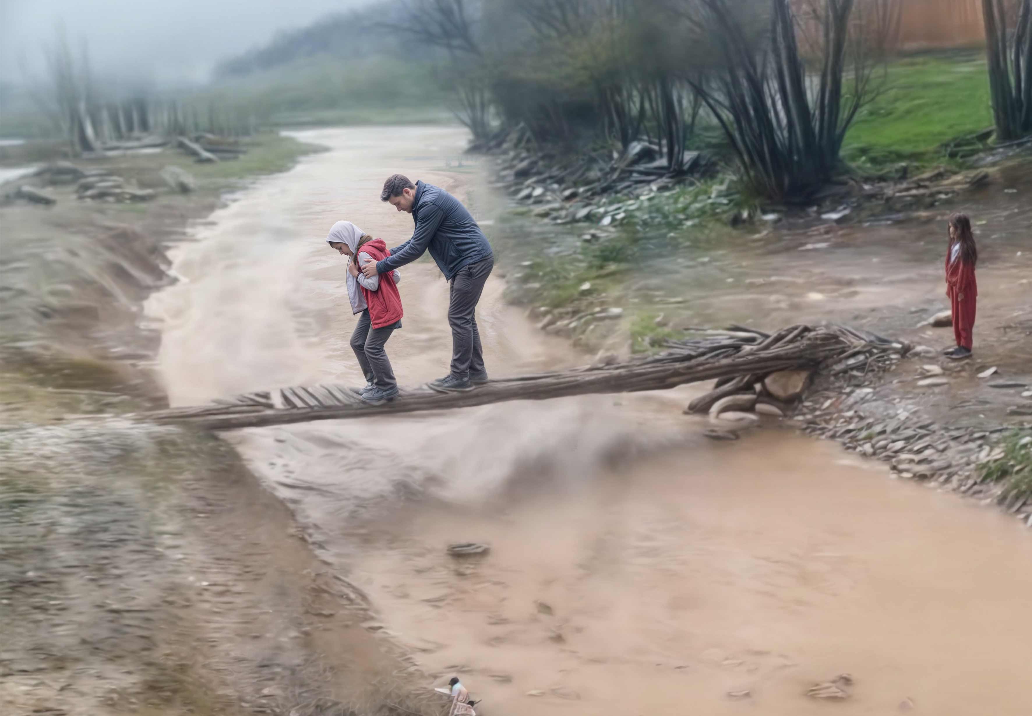 دانش‌آموزان روستای شش‌بهره میانه در زمان بارندگی مجبورند از روی یک پل ناایمن تردد کنند و به مدرسه بروند